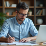 Homme d'âge moyen calculant des mesures au bureau