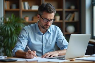 Homme d'âge moyen calculant des mesures au bureau