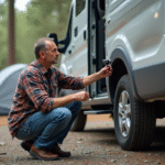 Homme ajustant une caméra de recul sur un camping-car