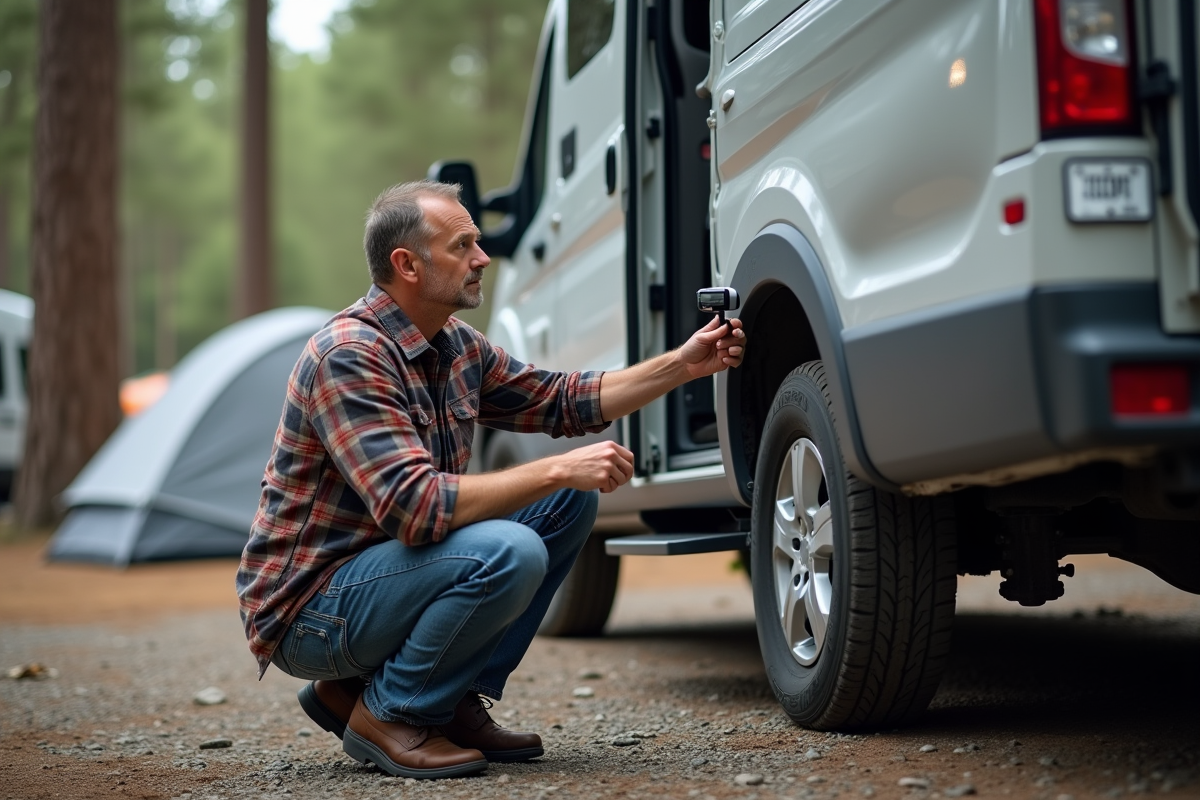 Homme ajustant une caméra de recul sur un camping-car
