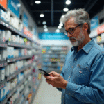 Homme d'âge moyen compare prix de cartouches d'encre avec smartphone