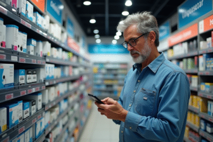 Homme d'âge moyen compare prix de cartouches d'encre avec smartphone