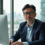 Homme confiant assis à un bureau moderne avec vue urbaine