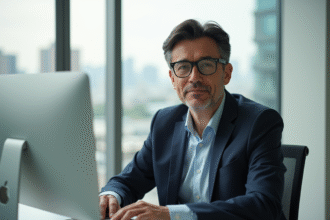 Homme confiant assis à un bureau moderne avec vue urbaine