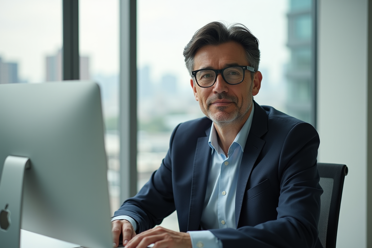 Homme confiant assis à un bureau moderne avec vue urbaine