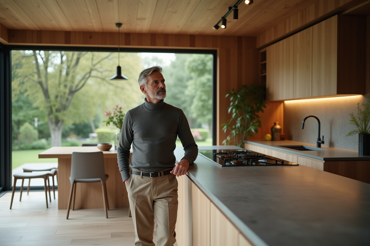 Homme mature dans une cuisine moderne et chaleureuse