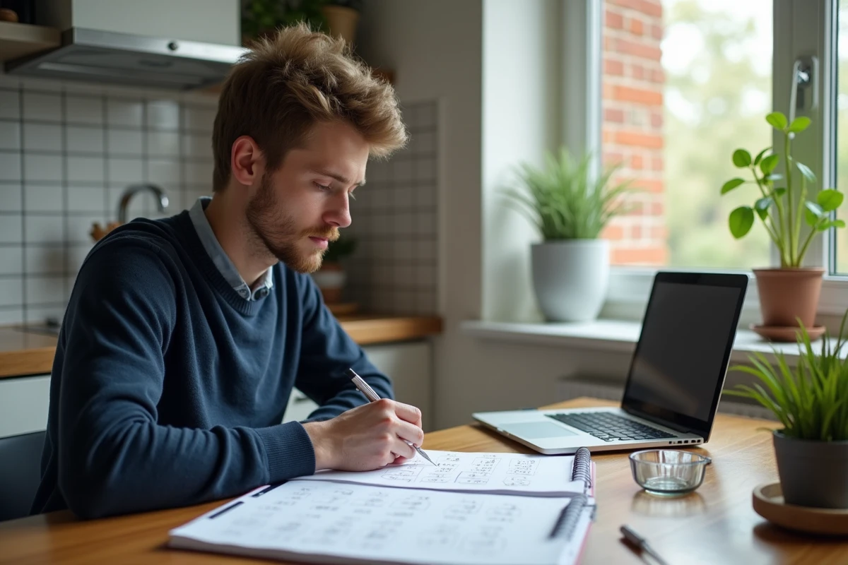 Jeune homme travaillant sur devoir de math au domicile