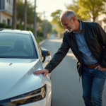 Homme posant sa main sur une voiture hydrogene en rue calme