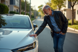 Homme posant sa main sur une voiture hydrogene en rue calme