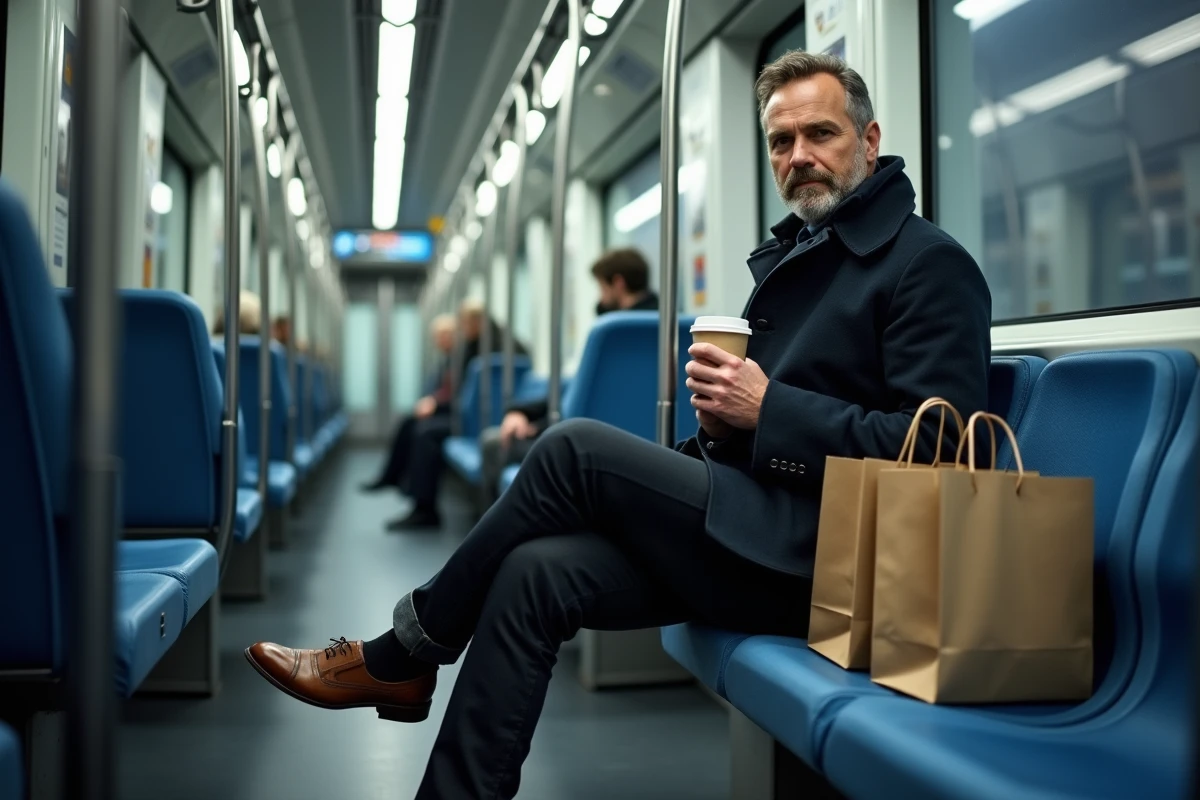 Homme assis dans la rame du métro ligne 9 à Paris avec des sacs de shopping après une journée de courses dans les boutiques parisiennes