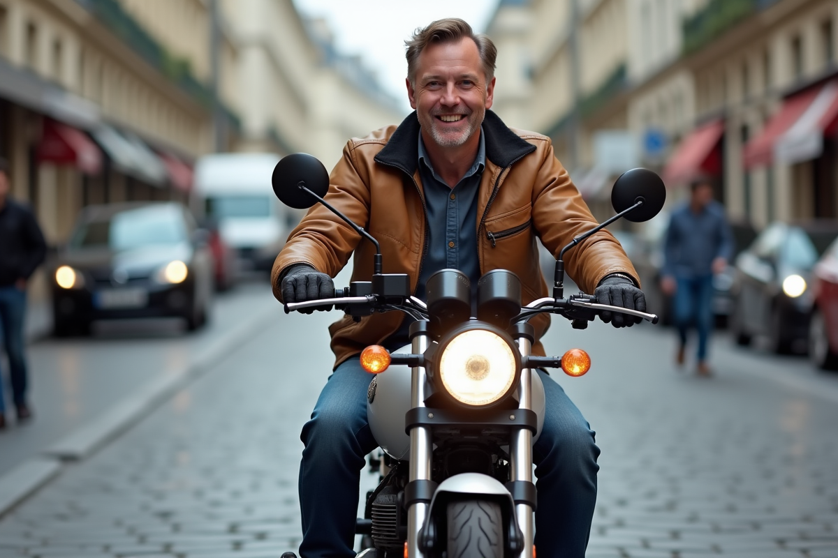 Homme en tenue urbaine manoeuvre sa moto dans Paris