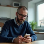 Homme musulman regardant son smartphone dans la cuisine