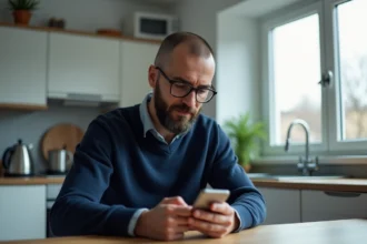 Homme musulman regardant son smartphone dans la cuisine