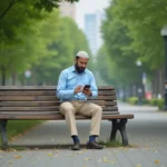 Homme musulman en plein air regardant son smartphone dans un parc
