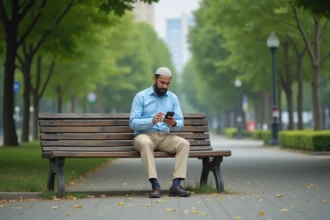 Homme musulman en plein air regardant son smartphone dans un parc