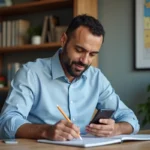 Homme nord-africain vérifiant ses prières dans un bureau à Douai