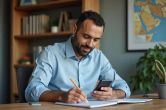 Homme nord-africain vérifiant ses prières dans un bureau à Douai