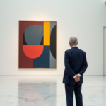 Homme en costume regardant une peinture abstraite dans un musée