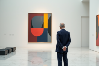 Homme en costume regardant une peinture abstraite dans un musée