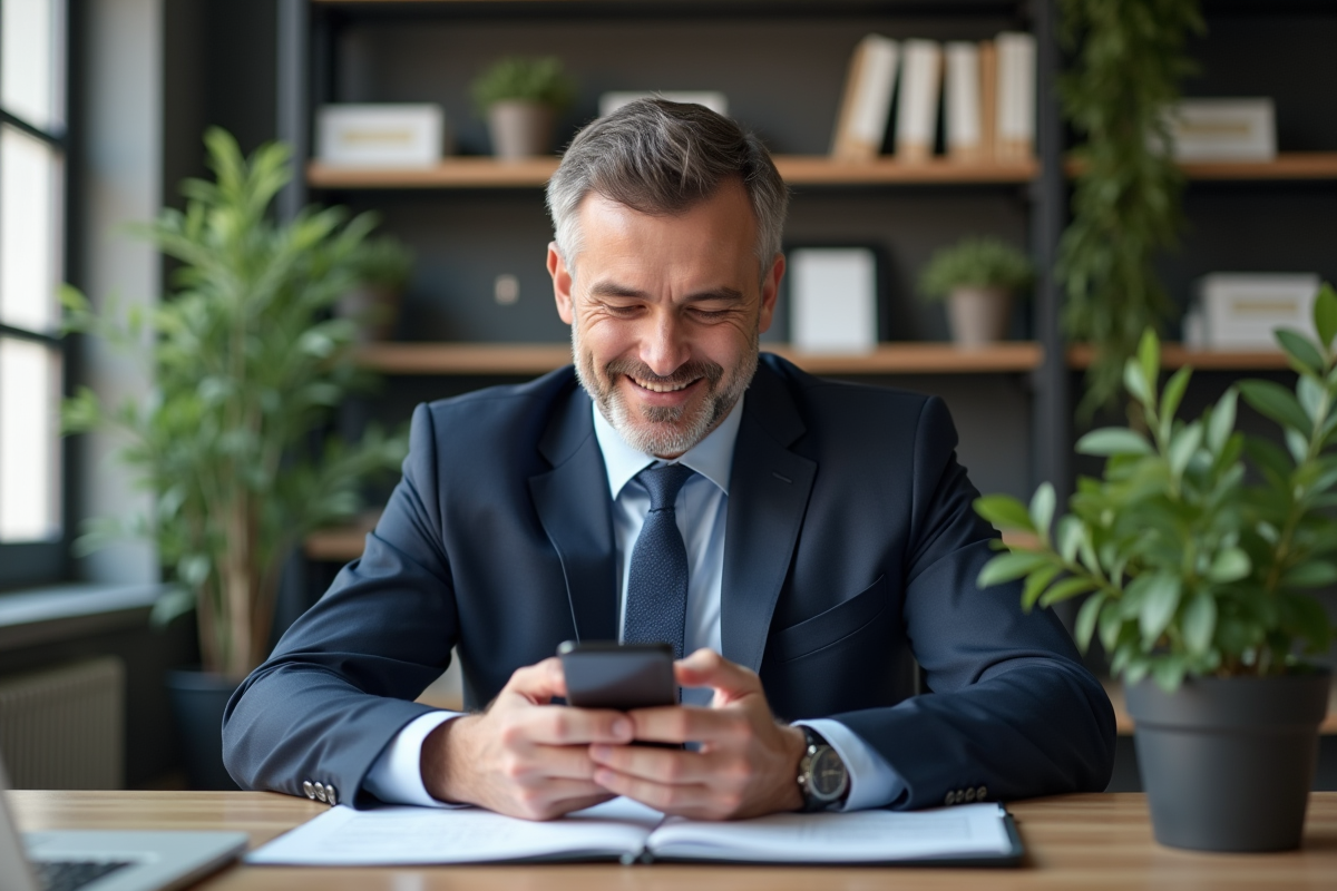 Homme en costume vérifiant ses finances sur smartphone