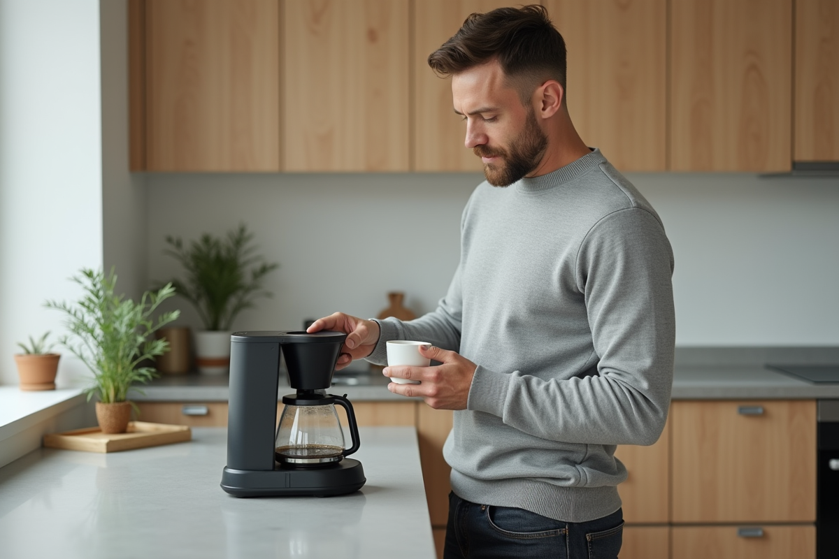 Homme préparant du café dans une cuisine minimaliste
