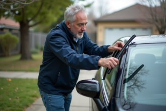 Homme en extérieur changeant un essuie-glace de voiture