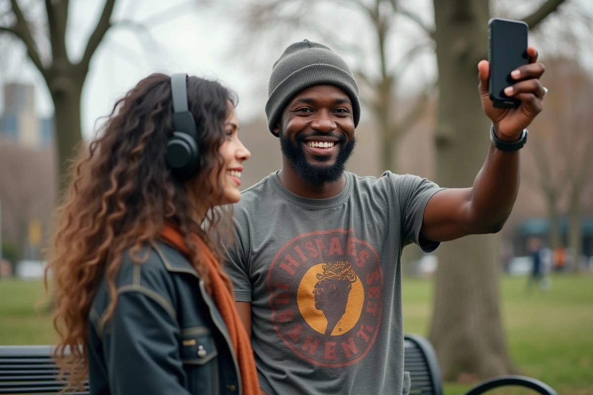 Homme noir partageant sa musique avec une amie dans un parc urbain