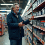 Homme inspectant des batteries auto dans un magasin