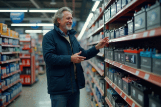 Homme inspectant des batteries auto dans un magasin