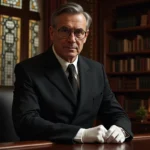 Homme d'âge moyen en costume noir ajustant ses gants dans un bureau victorien