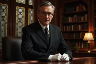 Homme d'âge moyen en costume noir ajustant ses gants dans un bureau victorien