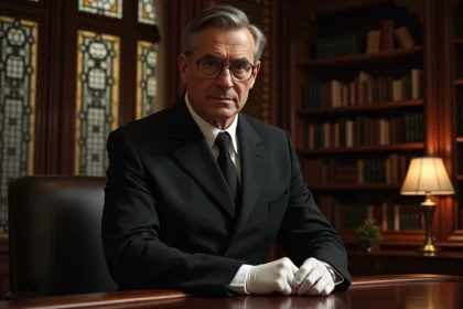 Homme d'âge moyen en costume noir ajustant ses gants dans un bureau victorien