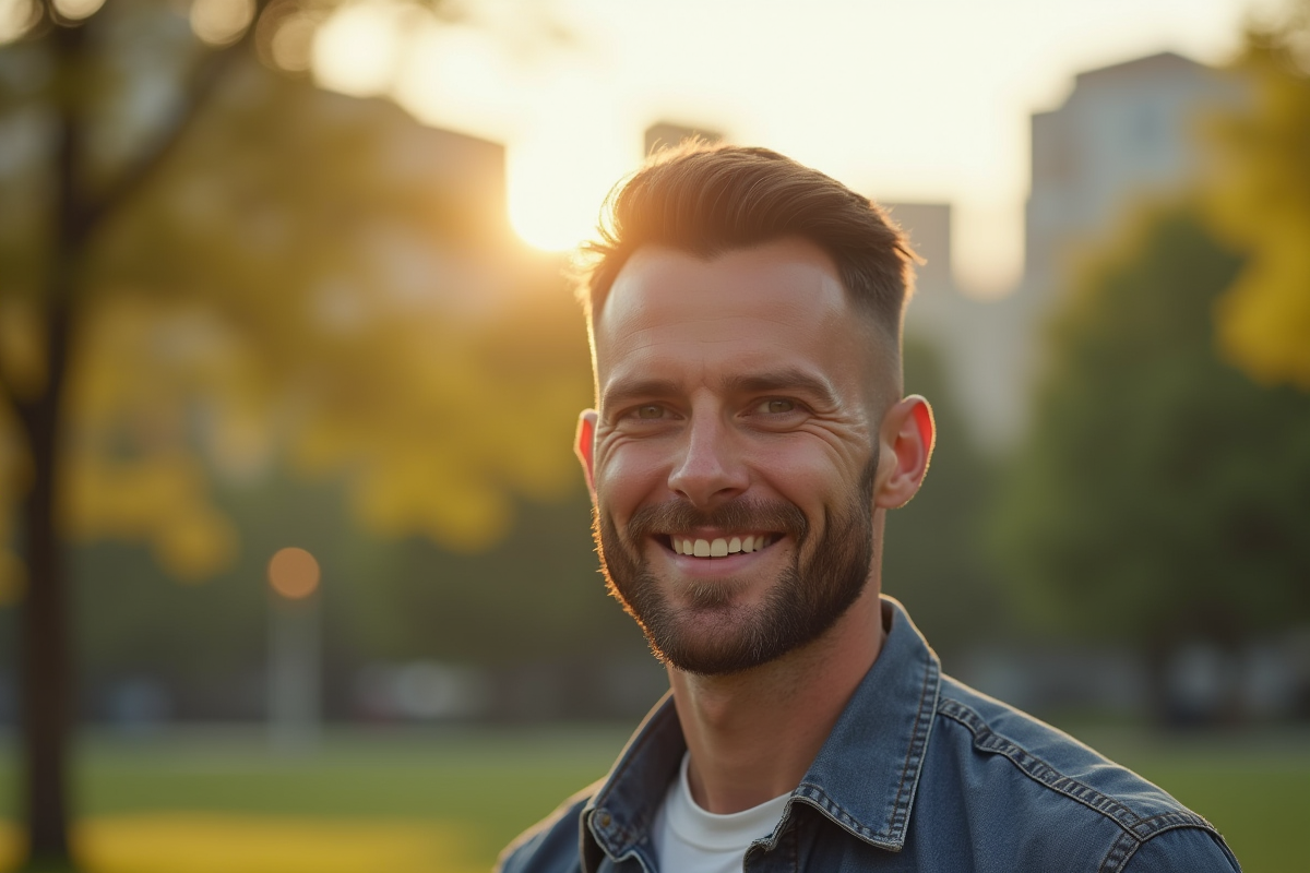 Homme debout dans un parc urbain au matin en lumière douce