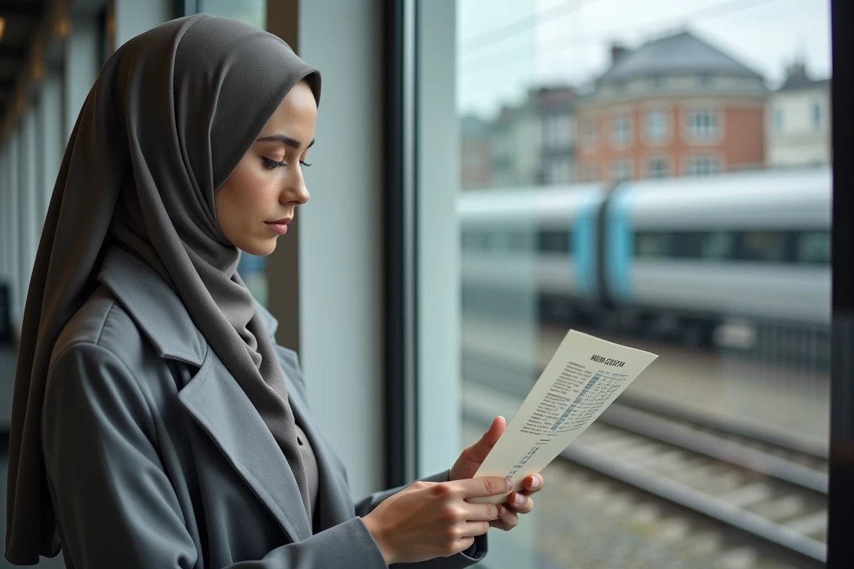 Jeune femme en hijab consultant les horaires de prière islamique à la gare d'Annemasse avant de traverser vers Genève