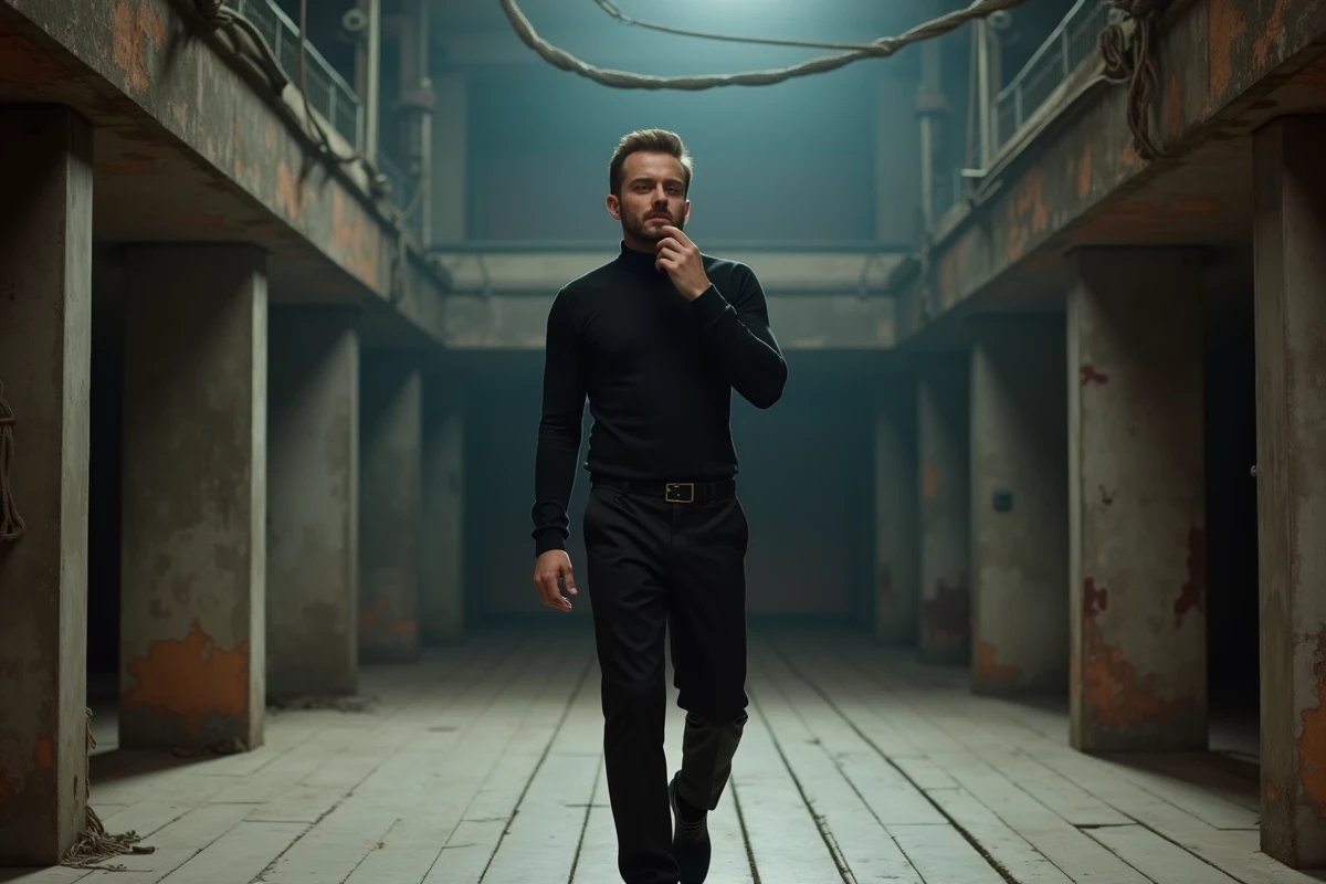 Humoriste français homme en coulisses d'un grand théâtre, posture réflexive, ambiance humour noir et engagé