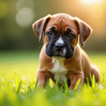 Jeune chiot boxer assis dans un jardin ensoleille