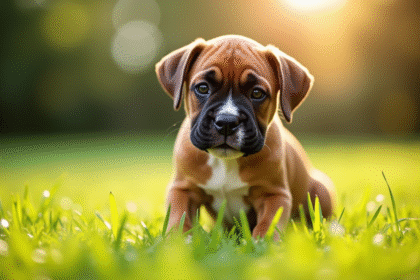 Jeune chiot boxer assis dans un jardin ensoleille