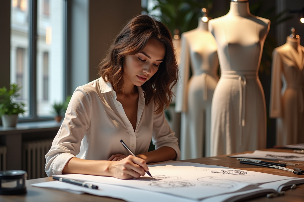Jeune designer mode dans un atelier chic en journée