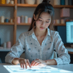 Jeune femme designer textile manipulant un tissu interactif