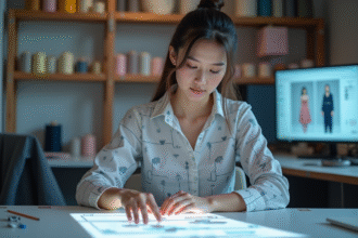 Jeune femme designer textile manipulant un tissu interactif