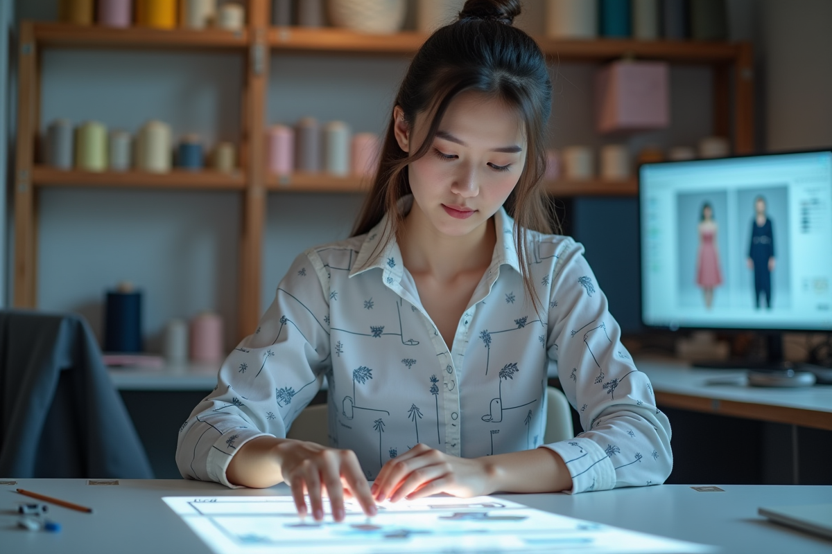 Jeune femme designer textile manipulant un tissu interactif