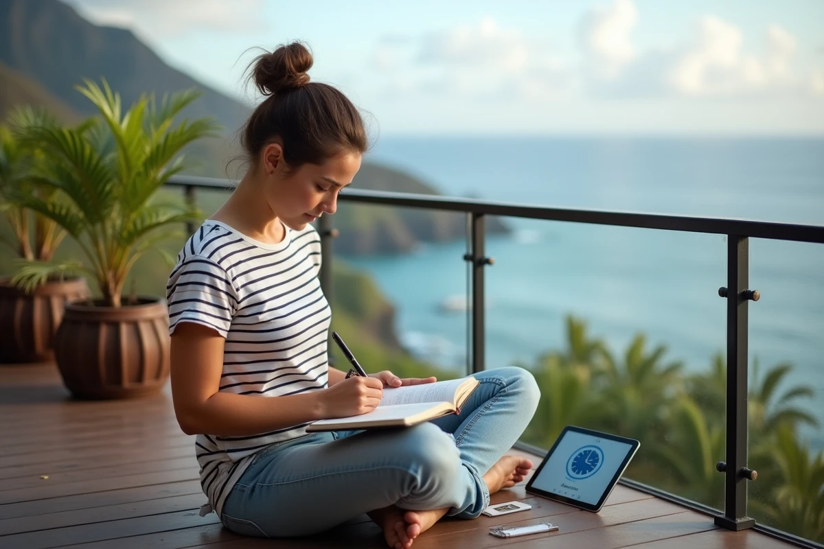 Jeune femme sur un balcon à La Réunion consultant un site de calcul de fuseau horaire sur une tablette