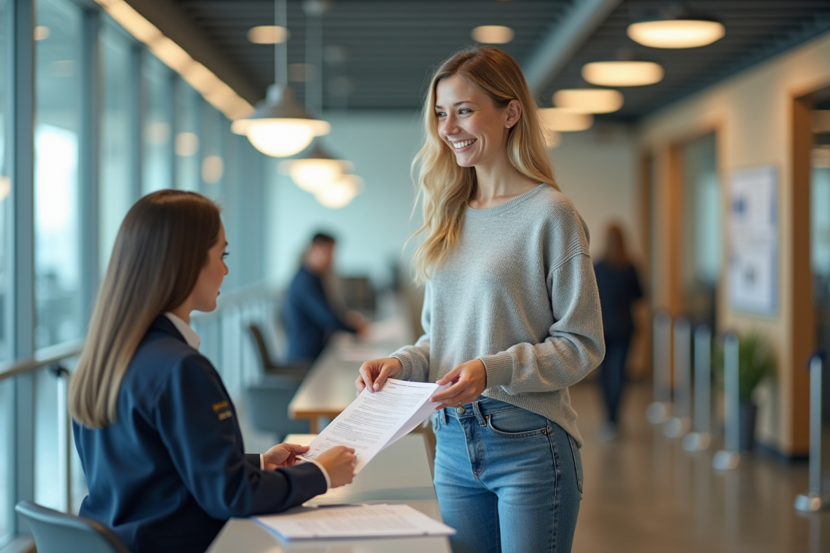 Jeune femme remettant des formulaires fiscaux à un agent dans un bureau moderne