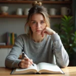 Jeune femme lisant un livre de grammaire française à la maison