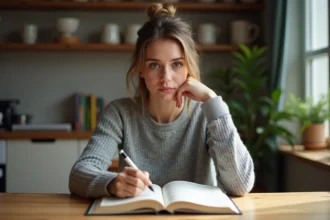 Jeune femme lisant un livre de grammaire française à la maison