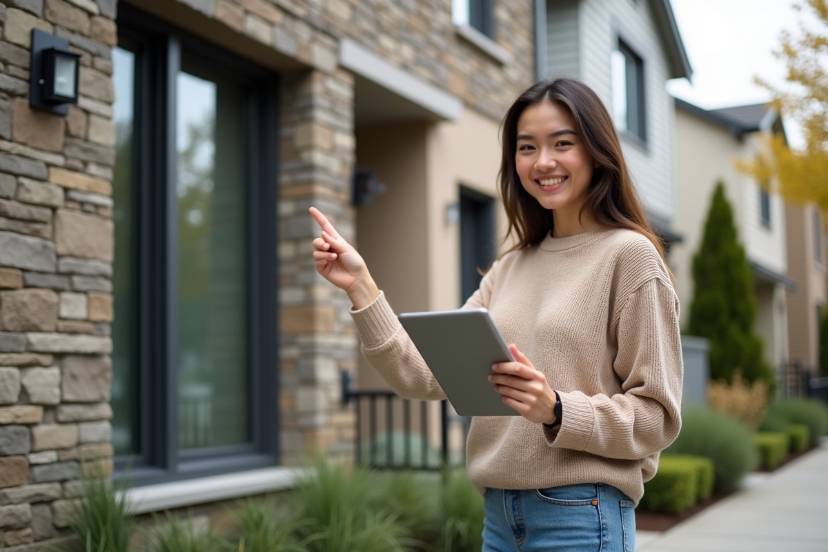Jeune femme souriante pointant un duplex rénové dans la ville