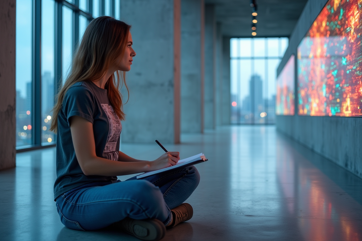 Jeune femme assise observant une installation lumineuse moderne