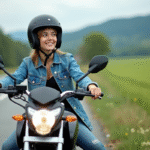 Jeune femme en denim et casque sur moto en campagne