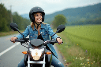 Jeune femme en denim et casque sur moto en campagne