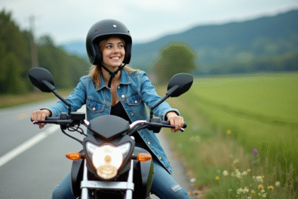 Jeune femme en denim et casque sur moto en campagne